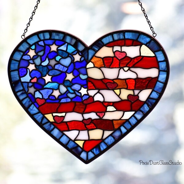 Stained Glass American Flag Heart Window Hanging, Abstract Design, Made in USA