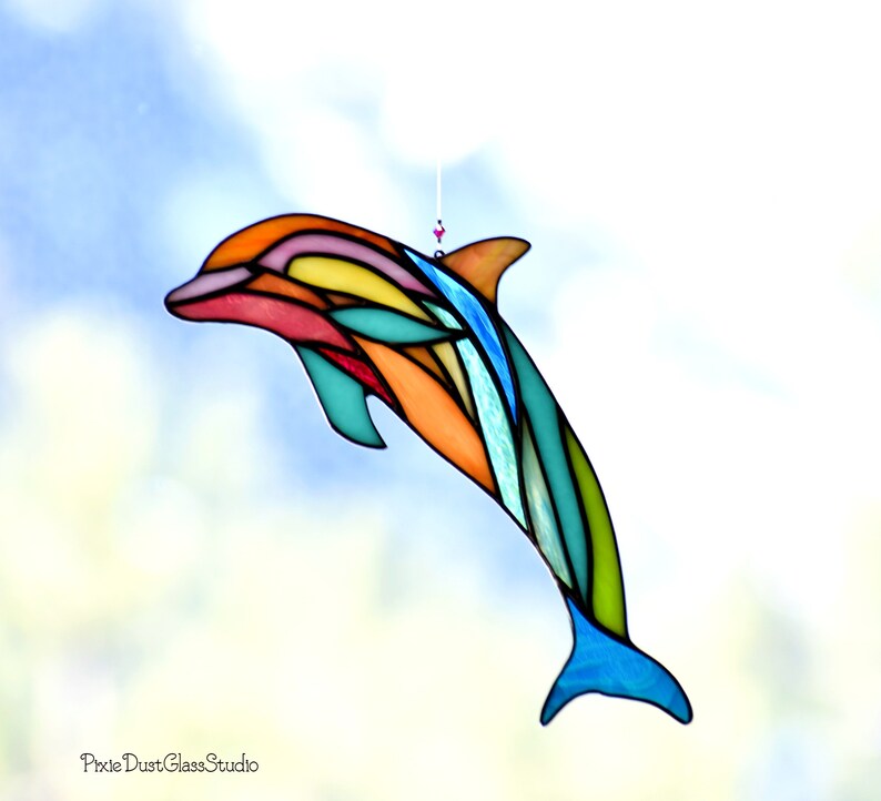 Stained Glass Dolphin Suncatcher Abstract Dolphin Window Etsy