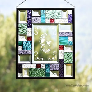 Stained Glass Hummingbird Panel, Beveled Wall Hanging, Geometric Design