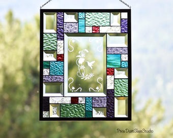 Stained Glass Hummingbird Panel, Beveled Wall Hanging, Geometric Design