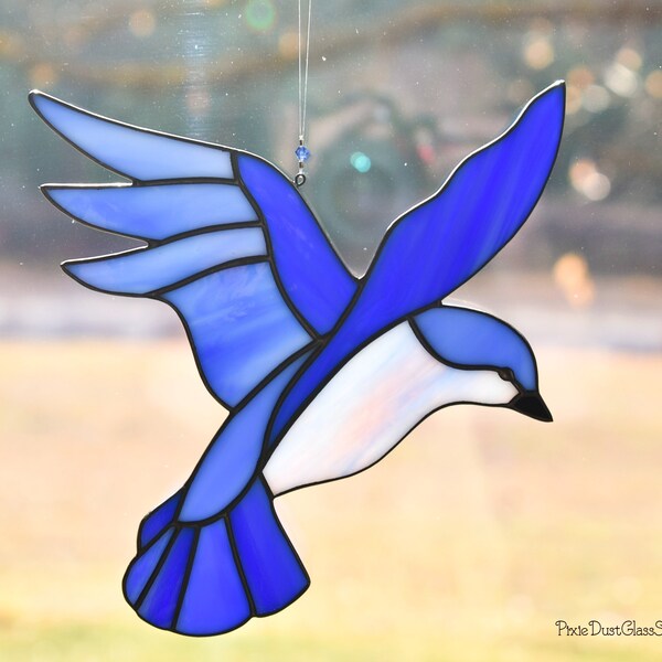 Stained Glass Bluebird of Happiness Suncatcher, Bird Lover, Garden Decor