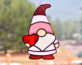 Stained Glass Valentine Gnome Suncatcher ~ Whimsical Window Hanging