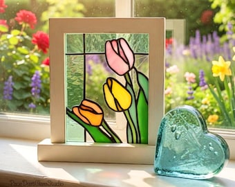 Stained Glass Tulip Trio Mini Panel, Freestanding Distressed Frame, Windowsill Sitter