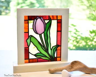 Stained Glass Tulip Mini Panel, Freestanding Windowsill Sitter, Table Accent, Home Decor
