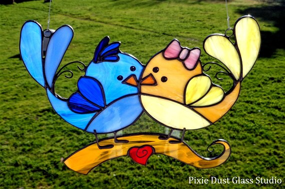 Stained Glass Suncatcher Whimsical Love Bird Couple Window | Etsy