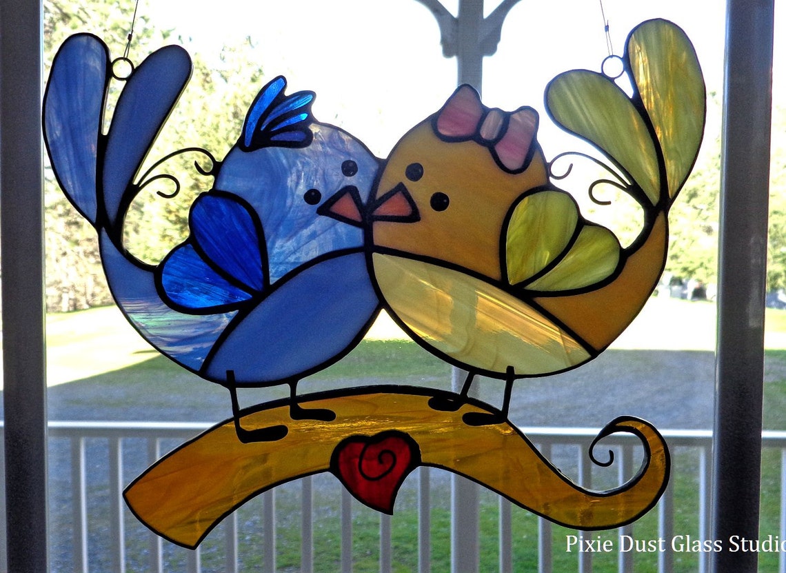 Stained Glass Suncatcher Whimsical Love Bird Couple Window Etsy