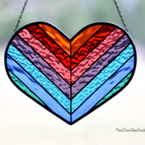 Stained Glass Rainbow Heart with Arrow Design Suncatcher, Glass Art Window Hanging