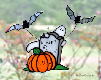Stained Glass Halloween Suncatcher, Pumpkin Patch Window Hanging