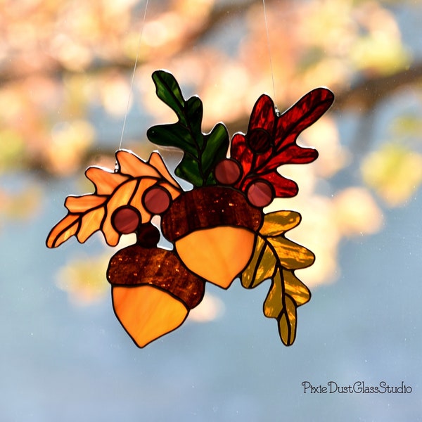Stained Glass Oak Leaves and Acorns Suncatcher, Fall Home Decor