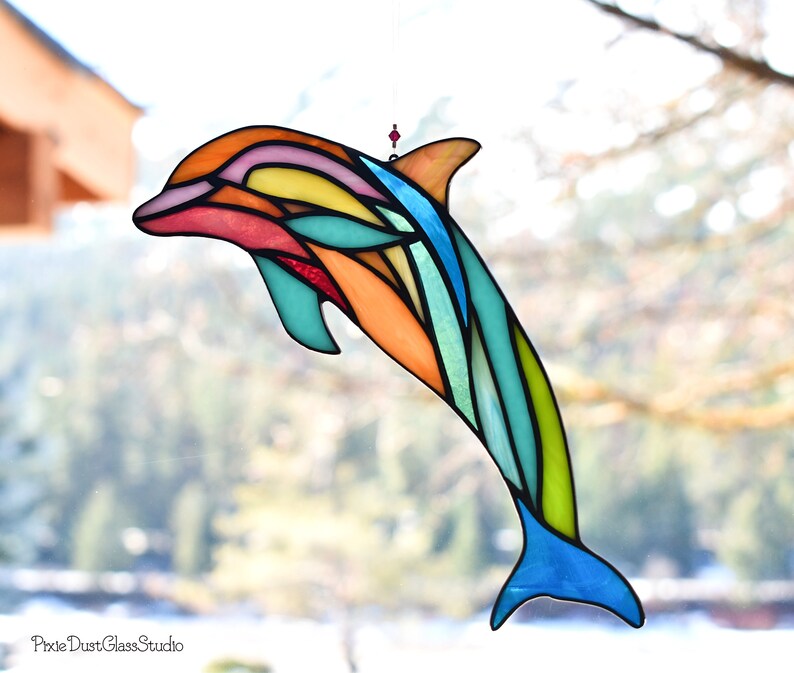 Stained Glass Dolphin Suncatcher Abstract Dolphin Window Etsy