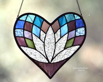 Stained Glass Lotus Flower Heart Suncatcher, Valentine Window Hanging