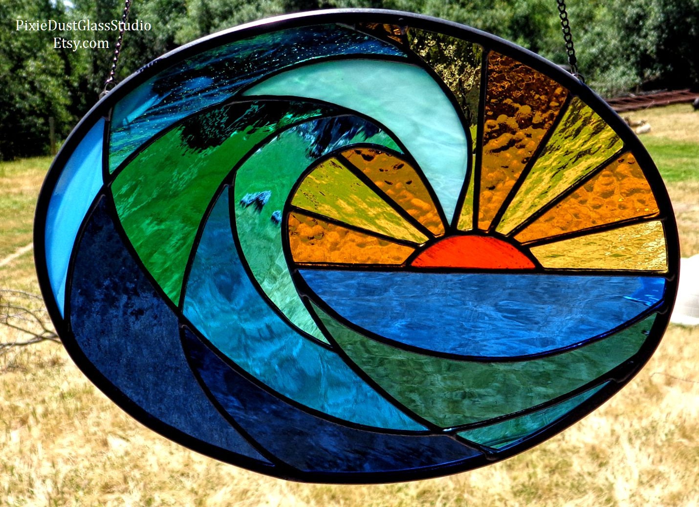 Stained Glass Suncatcher Ocean Wave at Dawn Oval Shaped Etsy