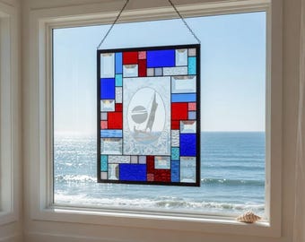 Stained Glass Catamaran Window, Sailboat Panel, Nautical Window Hanging, Coastal Decor