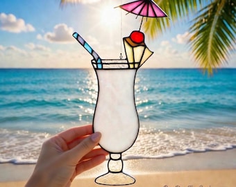 Stained Glass Pina Colada Suncatcher, Tropical Cocktail Window Hanging, Coastal Decor, Iridescent Glass Art