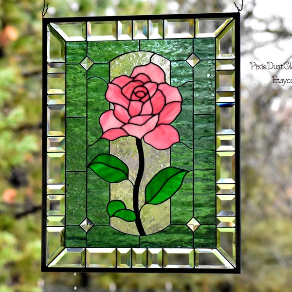 Stained Glass Rose Panel, Large Beveled Window Panel, Stained Glass Window Hanging, Romance, Floral, 24 1/4" x 19 3/8", Pink Rose, Valentine