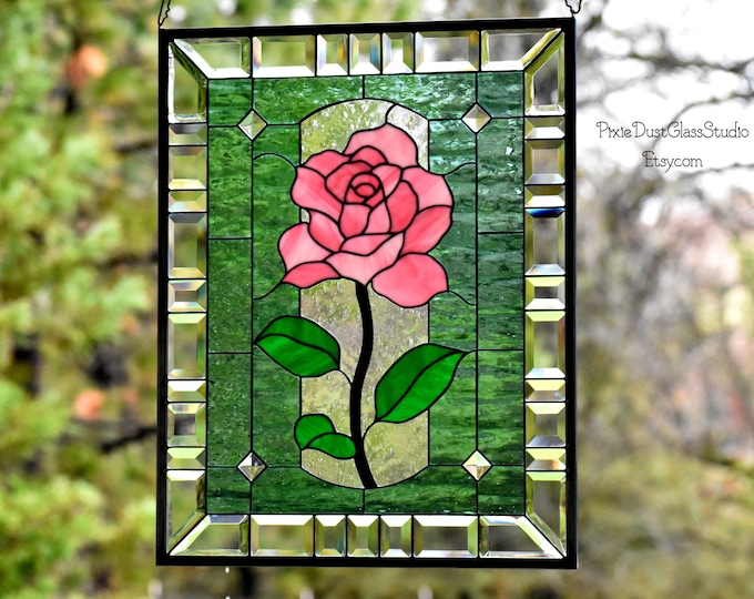 Stained Glass Rose Panel, Large Beveled Window Panel, Stained Glass
