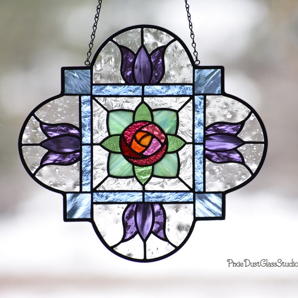 Stained Glass Mackintosh Rose with Tulip Suncatcher, Mandala Window Hanging