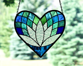 Stained Glass Lotus Heart Suncatcher, Valentine Window Hanging