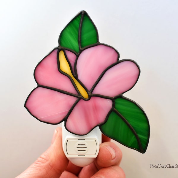 Stained Glass Hibiscus Flower Nightlight, Pink Hibiscus Flower, Tropical Night light, Island Flower, Coastal Decor, Glass Hibiscus Flower