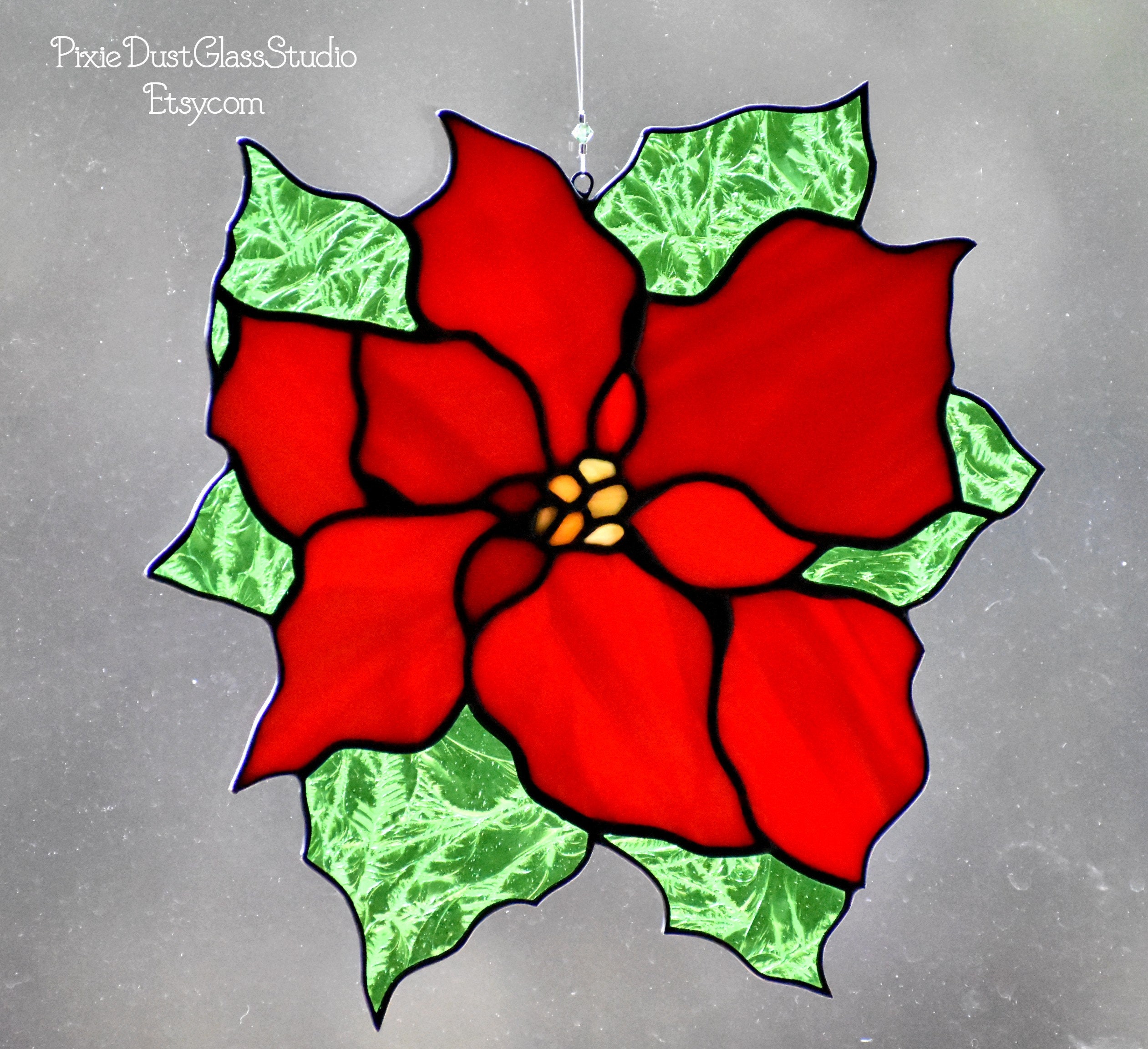 Stained Glass Poinsettia Flower Suncatcher Red Christmas Etsy