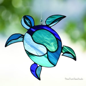 Stained Glass Sea Turtle Suncatcher, Tropical Coastal Decor