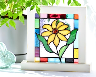 Stained Glass Sunflower Mini Panel, Freestanding Windowsill Sitter, Handmade