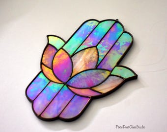 Stained Glass Hamsa Hand Lotus Flower Suncatcher, Iridescent Glass