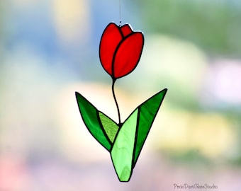 Stained Glass Red Tulip Suncatcher