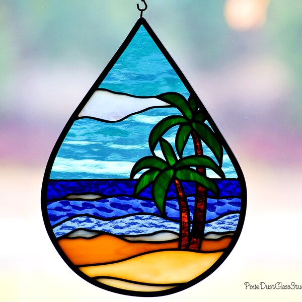 Stained Glass Tropical Beach Suncatcher, Ocean Mist Window Hanging, Coastal Decor