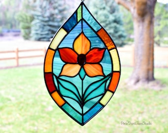 Stained Glass Floral Suncatcher with Marquise Shaped Border, Window Hanging
