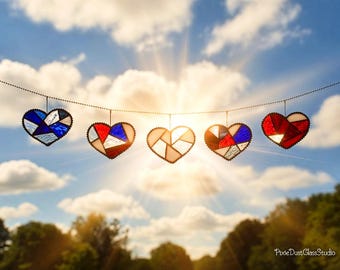 Stained Glass Patriotic Heart Garland, American Flag Colors, Made in the USA
