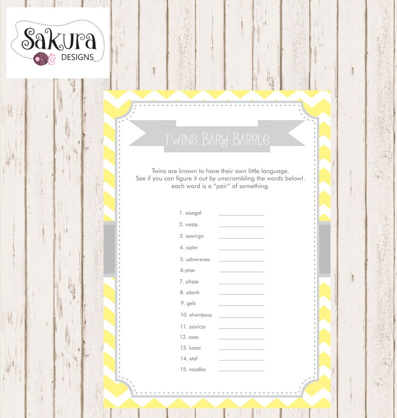 Twins baby babble game Chevron yellow and grey baby shower