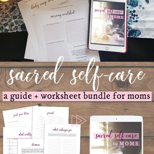 May include: A digital guide and worksheet bundle for mothers titled "Sacred Self-Care for Moms" by Jessica Swaim Dimas. The bundle includes worksheets for finding your bliss, journaling, ideal weekly schedule, identifying stressors, what recharges you, morning routine, and daily recap.