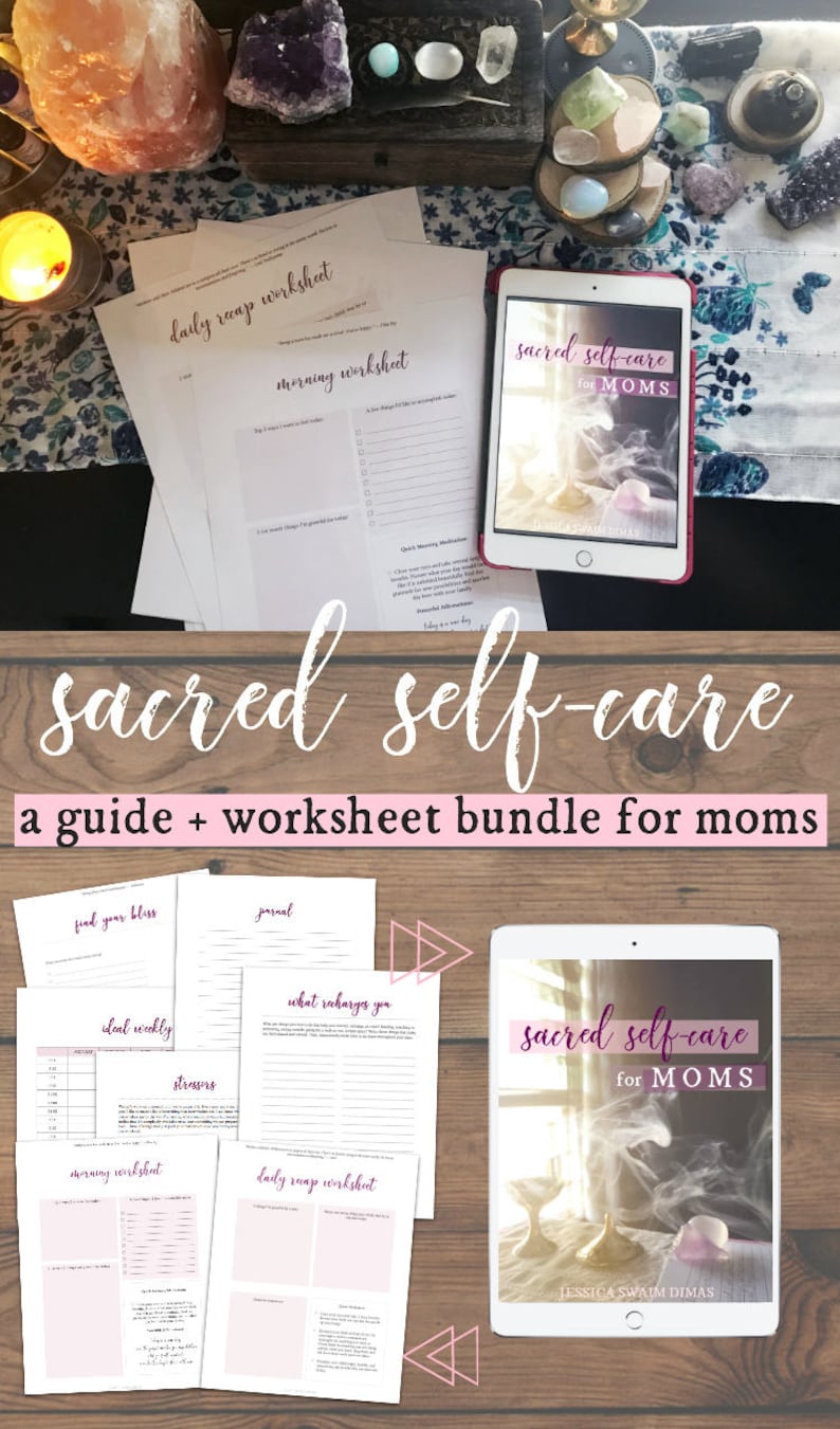 May include: A digital guide and worksheet bundle for mothers titled "Sacred Self-Care for Moms" by Jessica Swaim Dimas. The bundle includes worksheets for finding your bliss, journaling, ideal weekly schedule, identifying stressors, what recharges you, morning routine, and daily recap.