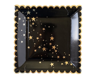 Star Paper Plates | Halloween Paper Plates - Black and Gold Paper Plate - Gold Star Paper Plate - Halloween Dinner Plates - Halloween Plates
