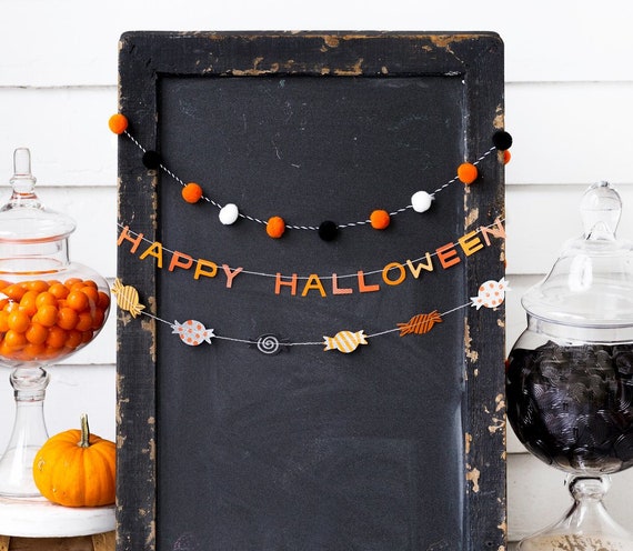 Halloween Garland Set | Halloween Decorations - Hanging Halloween Decor - Happy Halloween Banner - Pom Pom Garland - Halloween Home Decor Il_570xn
