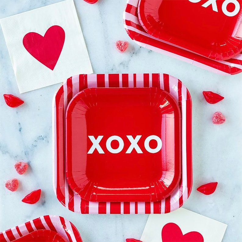 Valentines Plates Red & White Stripe or XOXO Red Paper Plates image 1