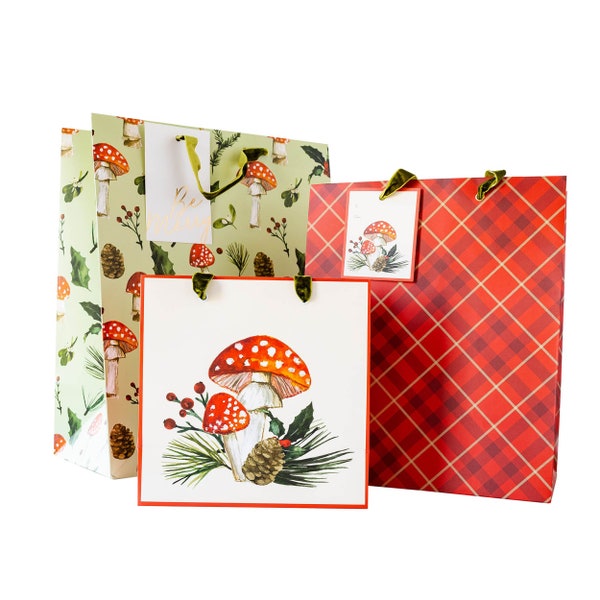 Christmas Gift Bags with Botanical Mushroom Design - 3 piece set