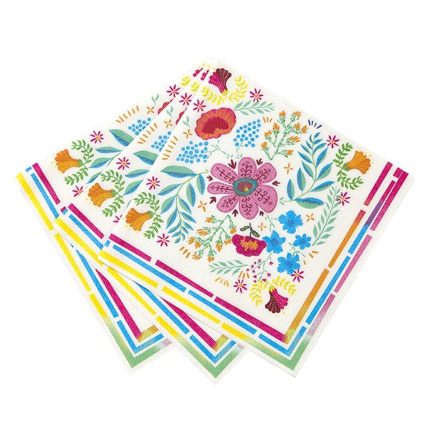 Fiesta Napkins | Mexican Embroidery Flowers -Mexican Fiesta Party Supplies - Fiesta Bridal Shower - Fiesta Birthday Party - Floral Napkins
