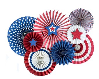 Patriotic Party Paper Pinwheel Fans | 4th of July Party Red White and Blue Party Decor Paper Rosette Backdrop Memorial Day Pinwheel Backdrop