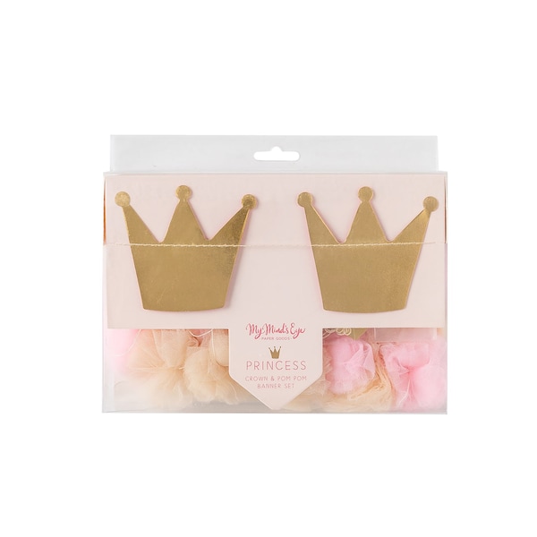 Princess Birthday Party Decorations | 2 pc set with Gold Crowns & Tulle Pom Poms | Princess Tea Party | Princess Baby Shower Decorations