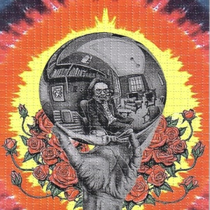 May include: A psychedelic image of a man sitting in a chair, reflected in a silver sphere held by a hand. The sphere is surrounded by red roses with green leaves against a yellow and orange background.