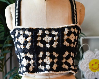 Crochet summer top, crochet cotton top, crochet crop top, halter top, crochet boho top, crochet granny square top, boho hippie, crochet top