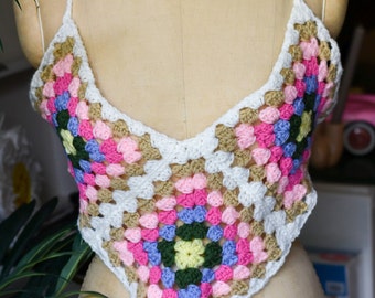 Crochet summer top, crochet cotton top, crochet crop top, halter top, crochet boho top, crochet granny square top, boho hippie, crochet top