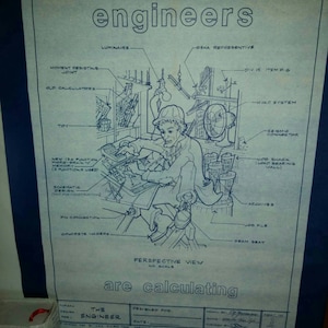 May include: A blue and white blueprint style illustration of an engineer working at a desk. The engineer is wearing a hard hat and is surrounded by tools and equipment. The text "engineers are calculating" is at the bottom of the image.