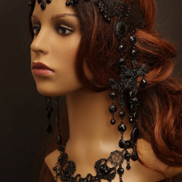 Black gothic mourning tiara headpiece moth cross hair wrap evil queen medieval WGT crystal victorian metal lace teardrop pendant bell charms