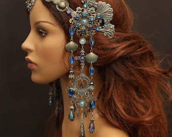Verdigris blue patina Mermaid siren headpiece tiara crown shell metal lace breath flash opal crystals kuchi buttons crystal icicle pendants