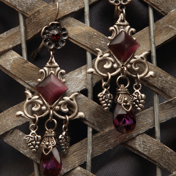 Swarovski amethyst garnet burgundy crystal leverback gothic earrings wicca pear teardrop medieval victorian art nouveau connector vine grape