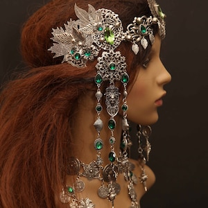 Poseidon Mermaid siren verdigris green patina tiara headpiece headdress shell crystal peridot emerald elven sea art nouveau leaves scrolls