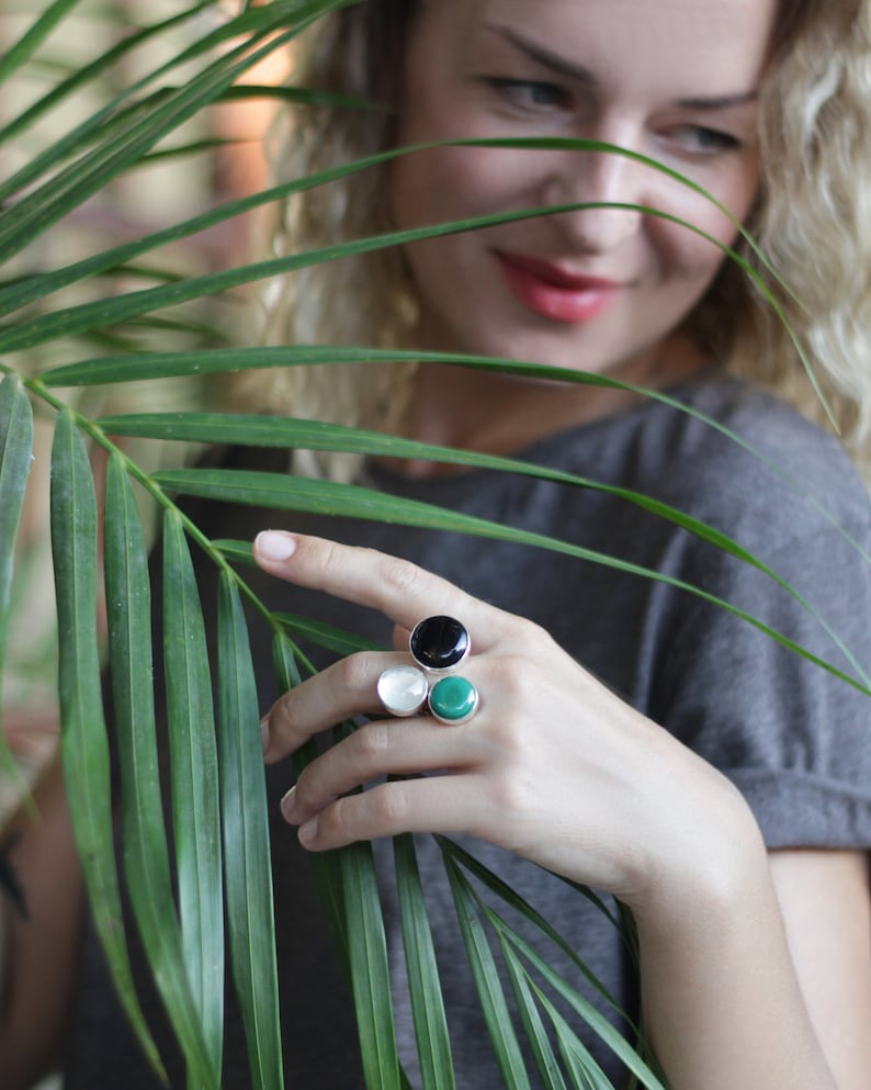 Malachite ring Multi stone ring December birthstone ring Silver open ring Crystal ring Three stone ring Onyx ring Zodiac ring